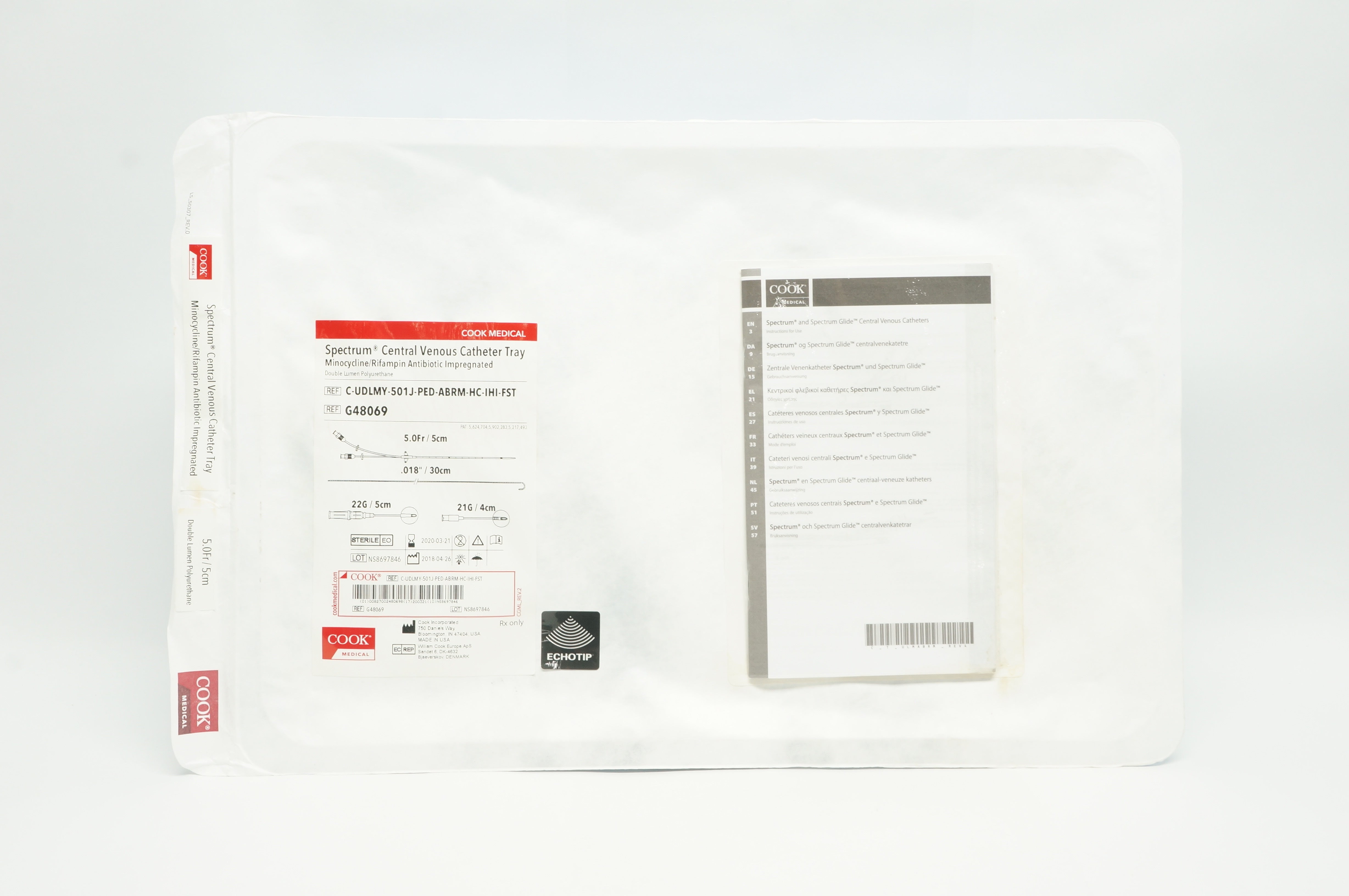 Cook Medical G48069 Spectrum Central Venous Cath. Tray 5.0Fr.x.018inx22Gx21G (x)