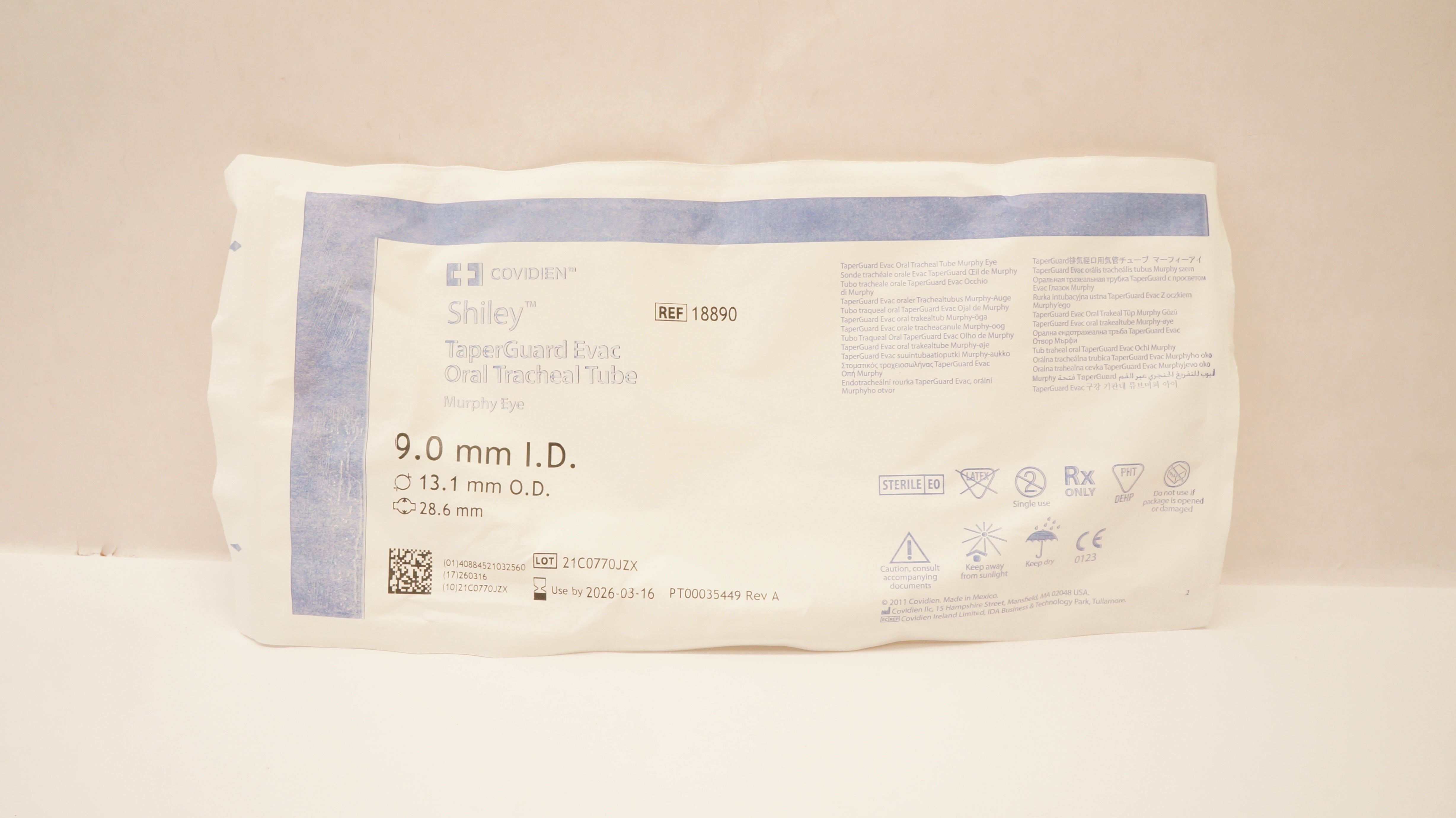 Covidien 18890 Shiley TaperGuard Evac Oral Tracheal Tube 9.0ID x 13.1OD x 28.6mm