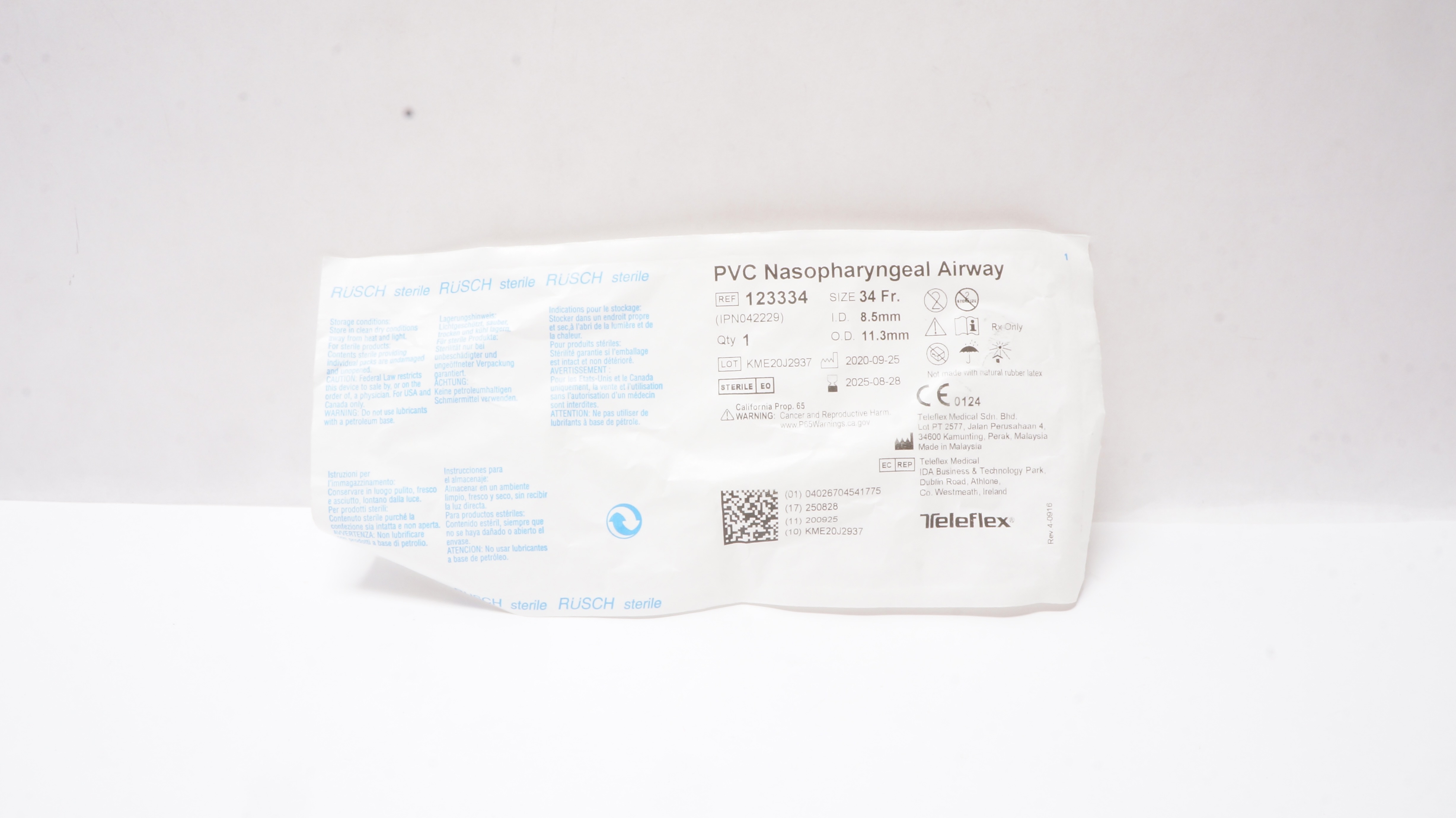 Teleflex 123334 Rusch PVC Nasopharyngeal Airway 34 Fr. 8.5mm I.D. x 11.3mm O.D.