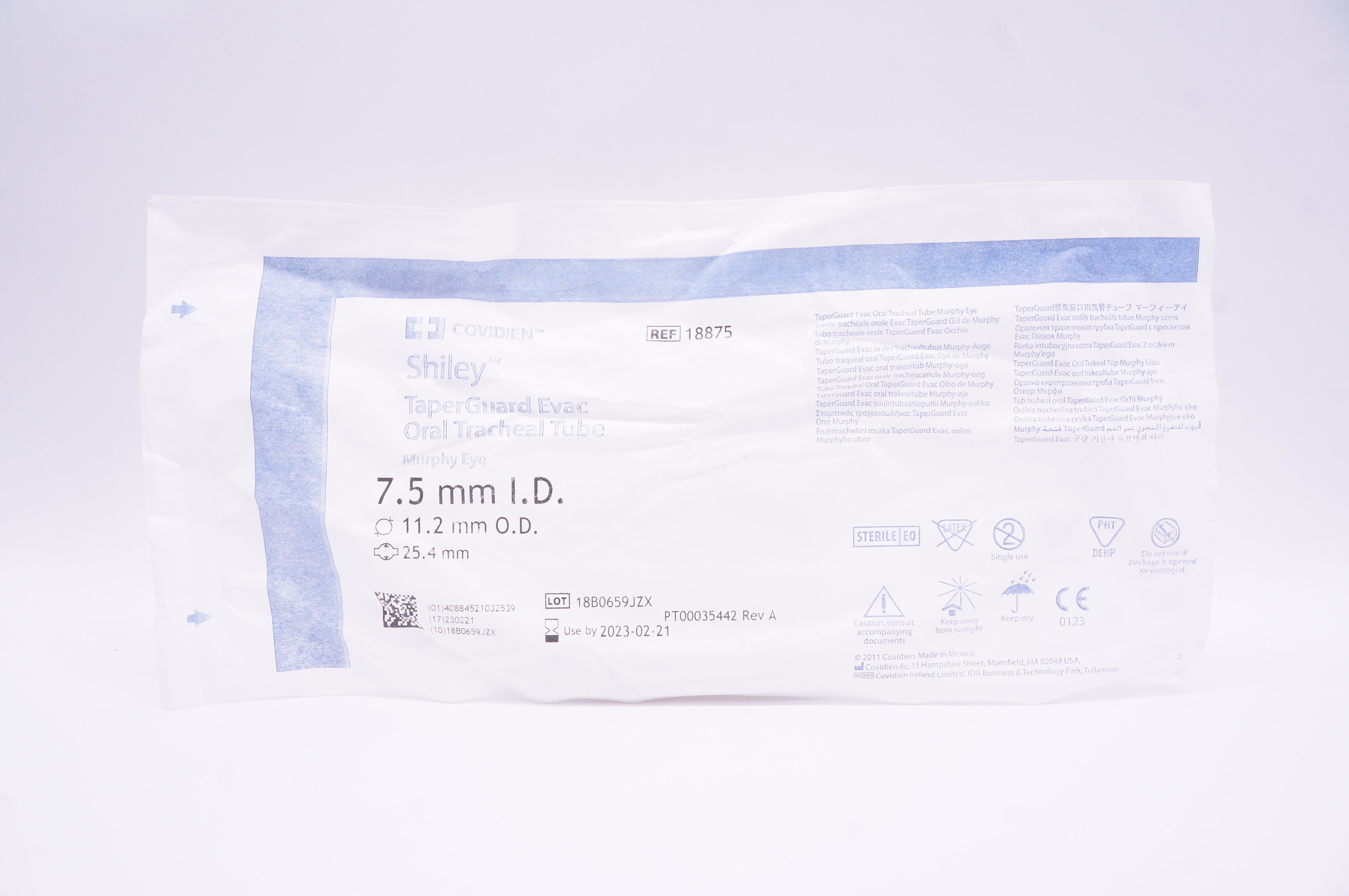 Covidien 18875 Shiley TaperGuard Evac Oral Tracheal Tube 7.5mm ID 11.2mm OD