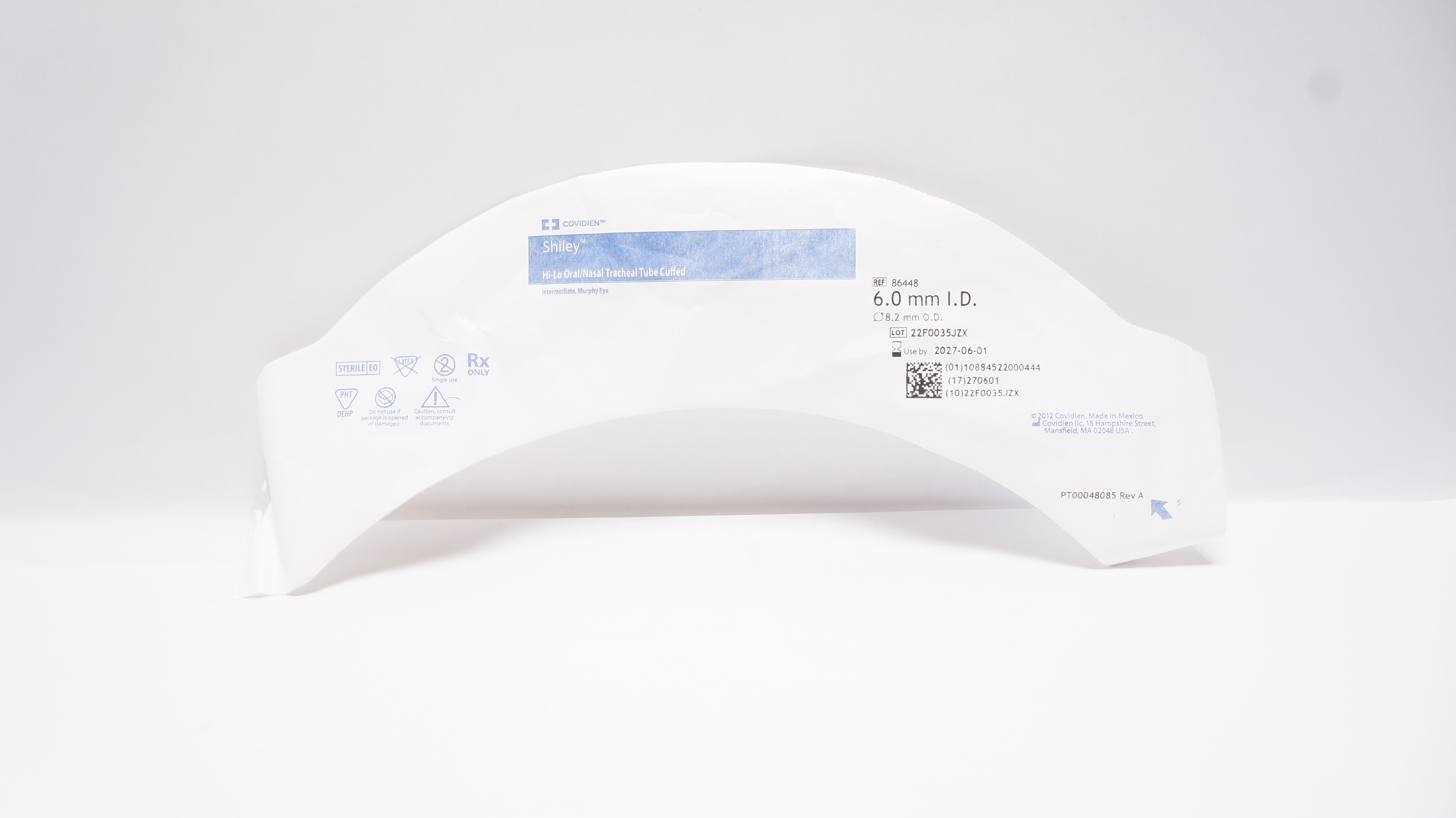 Covidien 86448 Shiley Hi-Lo Oral/Nasal Tracheal Tube Cuffed 6.0mm ID x 8.2mm OD