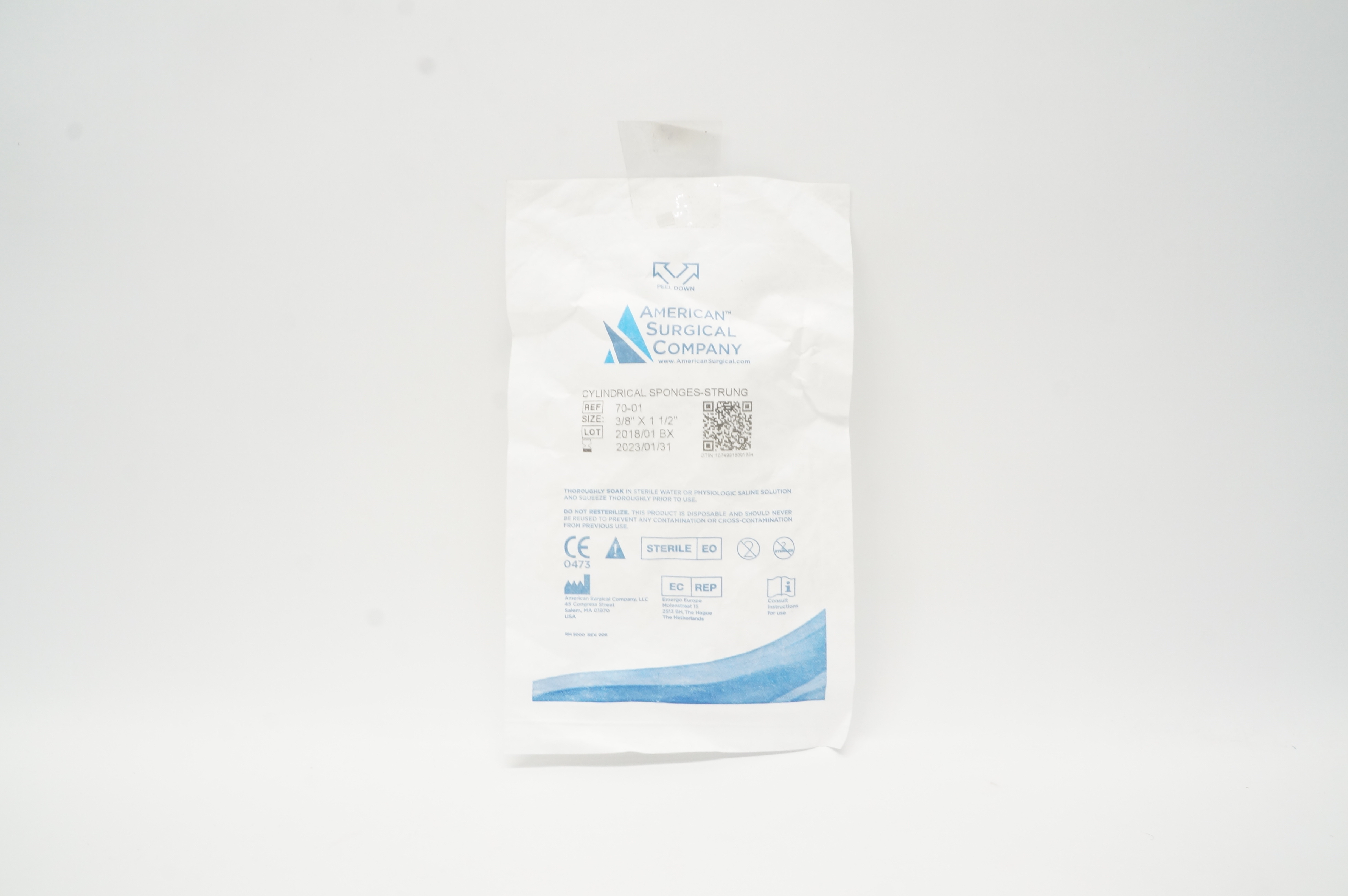 American Surgical Company 70-01 Cylindrical Sponges-Strung 3/8inch x 1 1/2inch