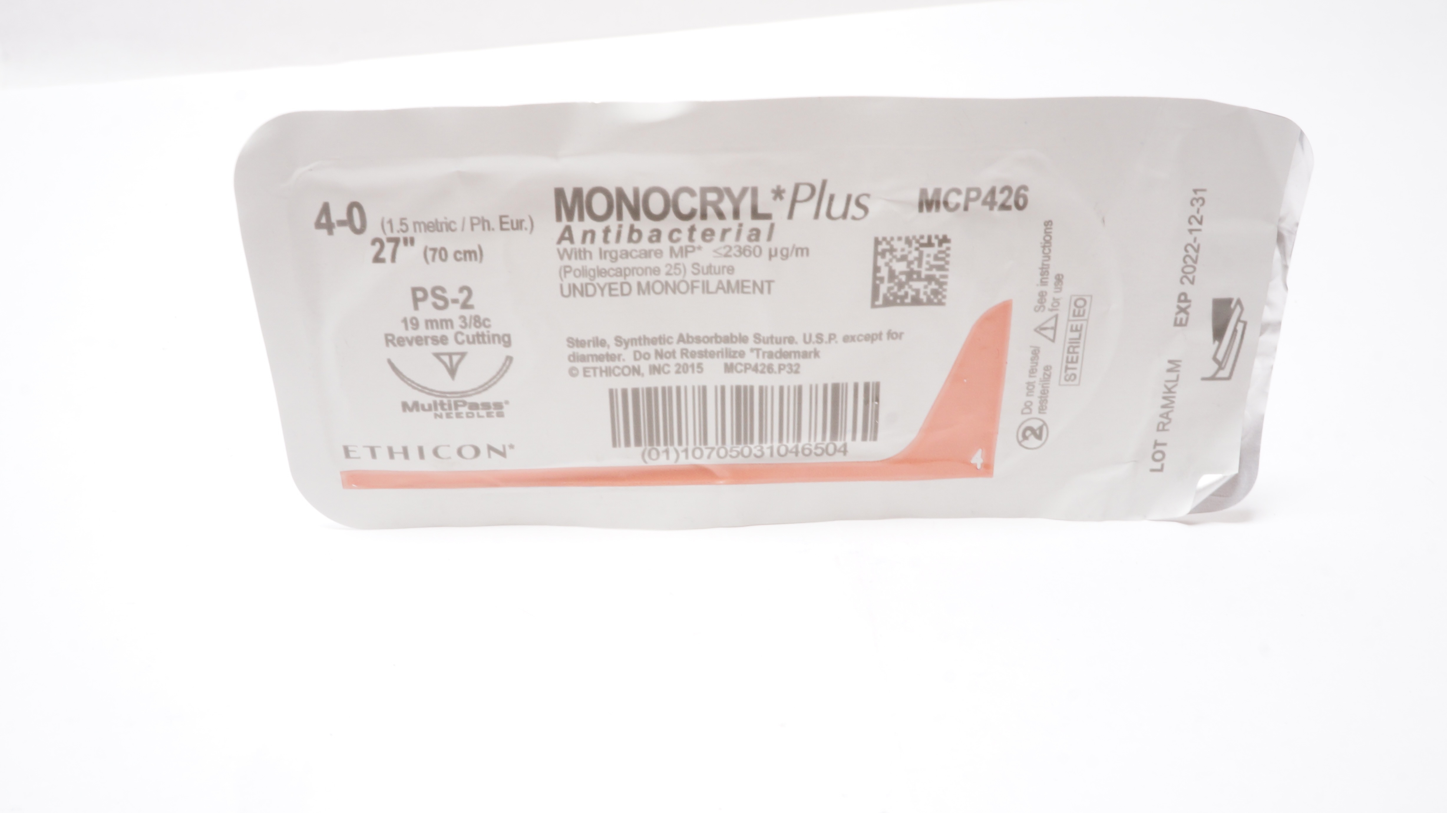 Ethicon MCP426 4-0 MONOCRYL Plus, PS-2,  19mm 3/8c Reverse Cutting,  27inch (x)