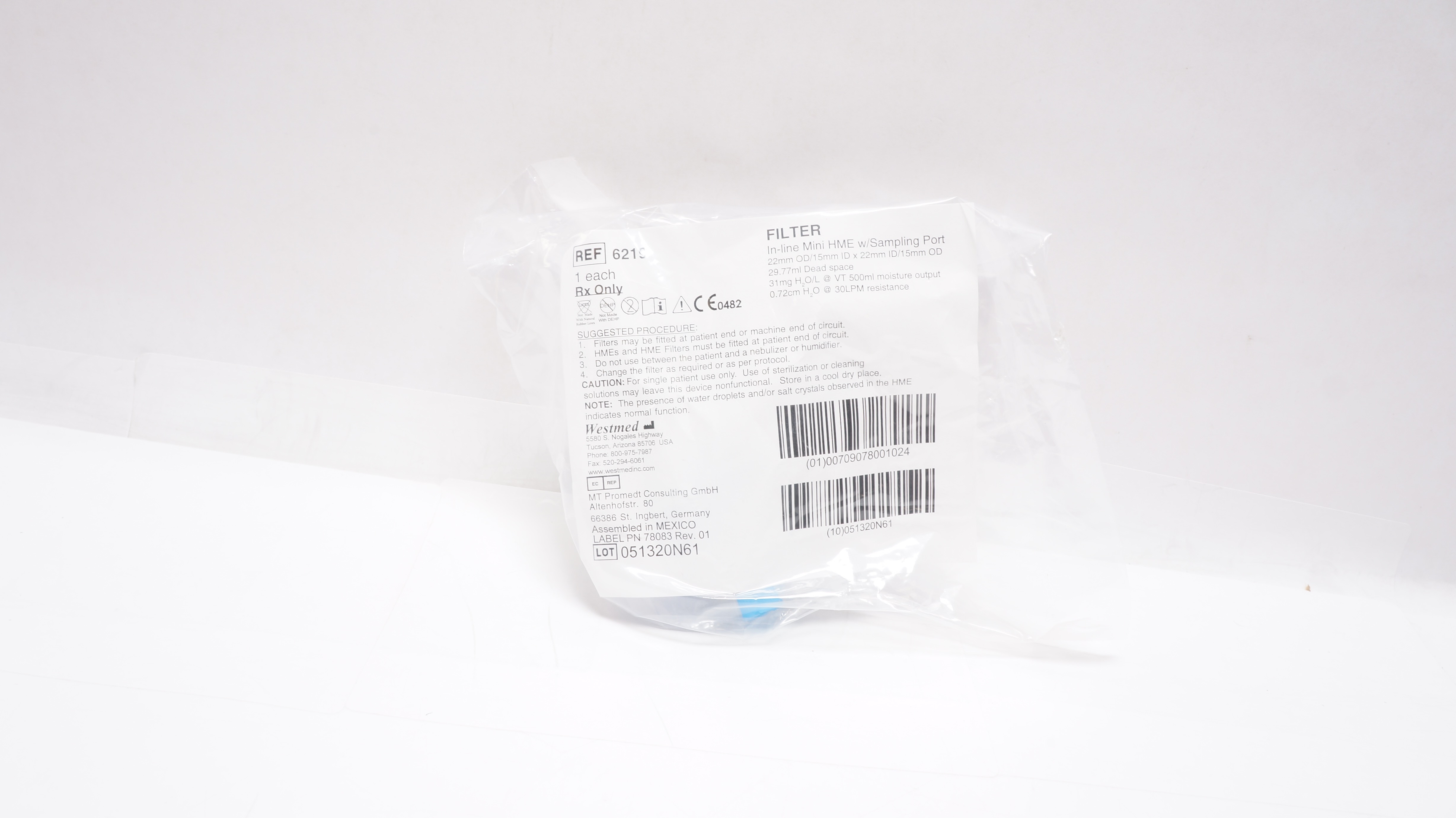 Westmed 6219 Filter In-Line Mini HME W/Sampling Port 22mm OD/15mm ID