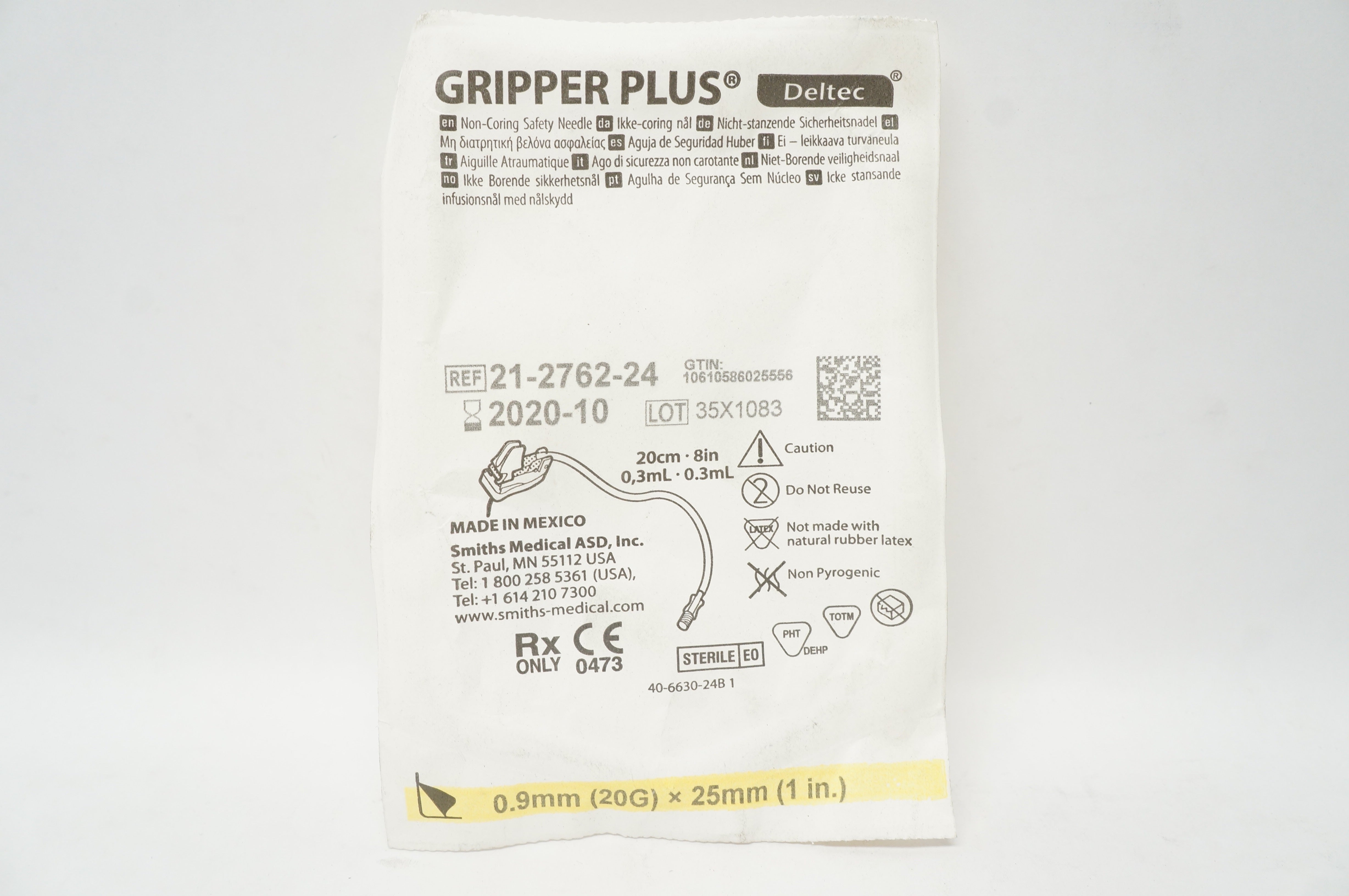 Smiths Medical 21-2762-24 Gripper Plus Deltec Non-Coring Safety Ndle 20Gx1in (x)