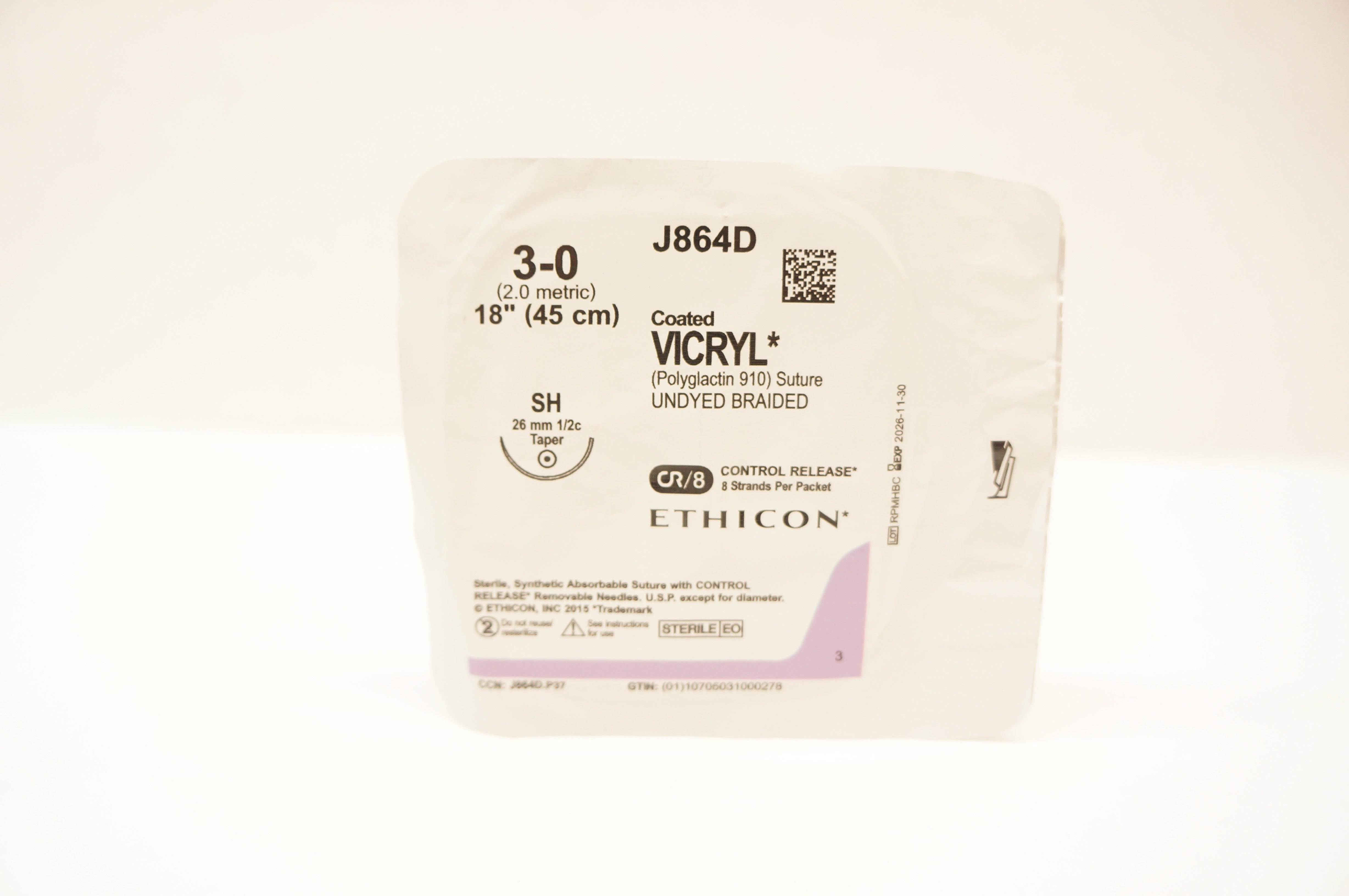 Ethicon J864D 3-0 Coated VICRYL Undyed Braided, SH, 26mm 1/2c Taper, 18inch