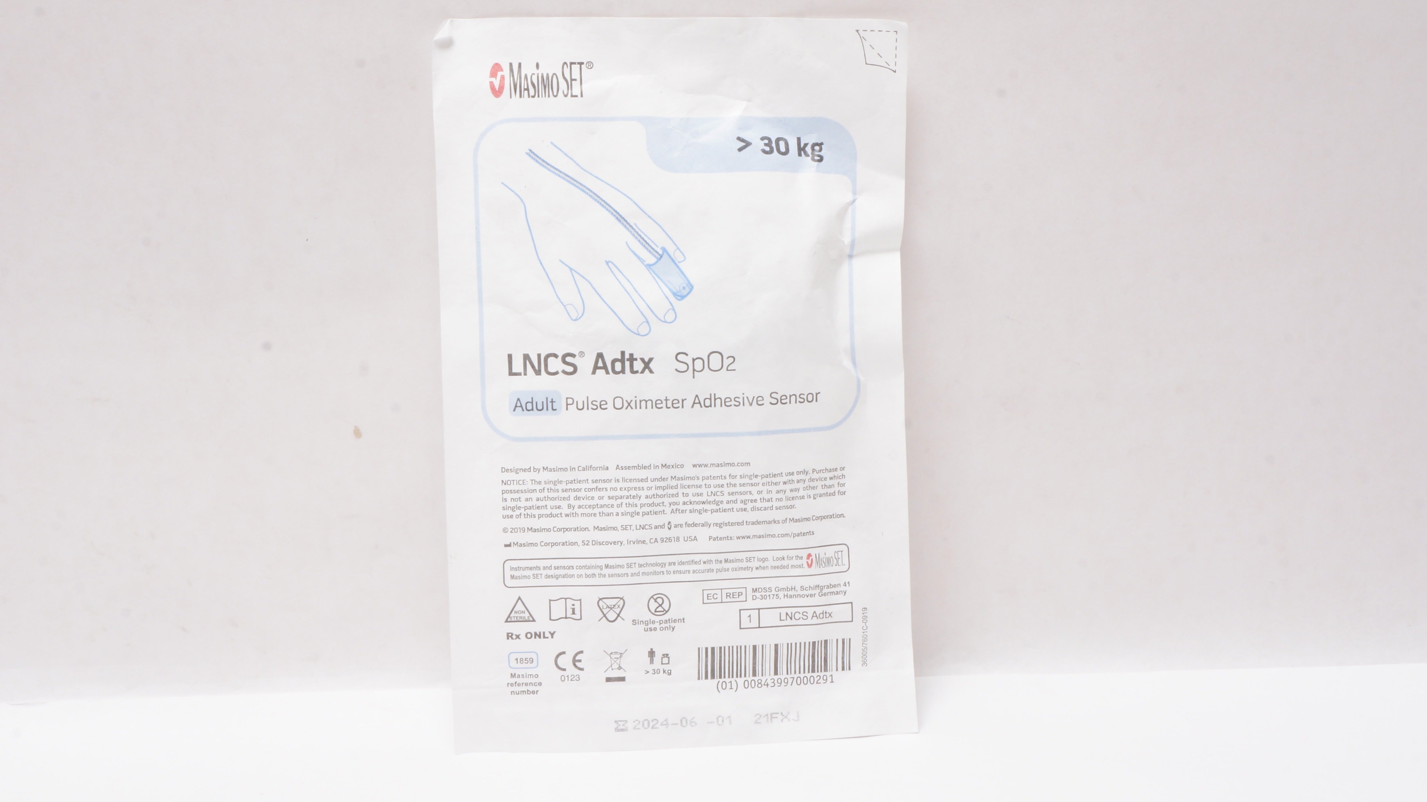 Masimo 1859 LNCS Adtx SpO2 Adult Pulse Oximeter Adhesive Sensor >30 kg