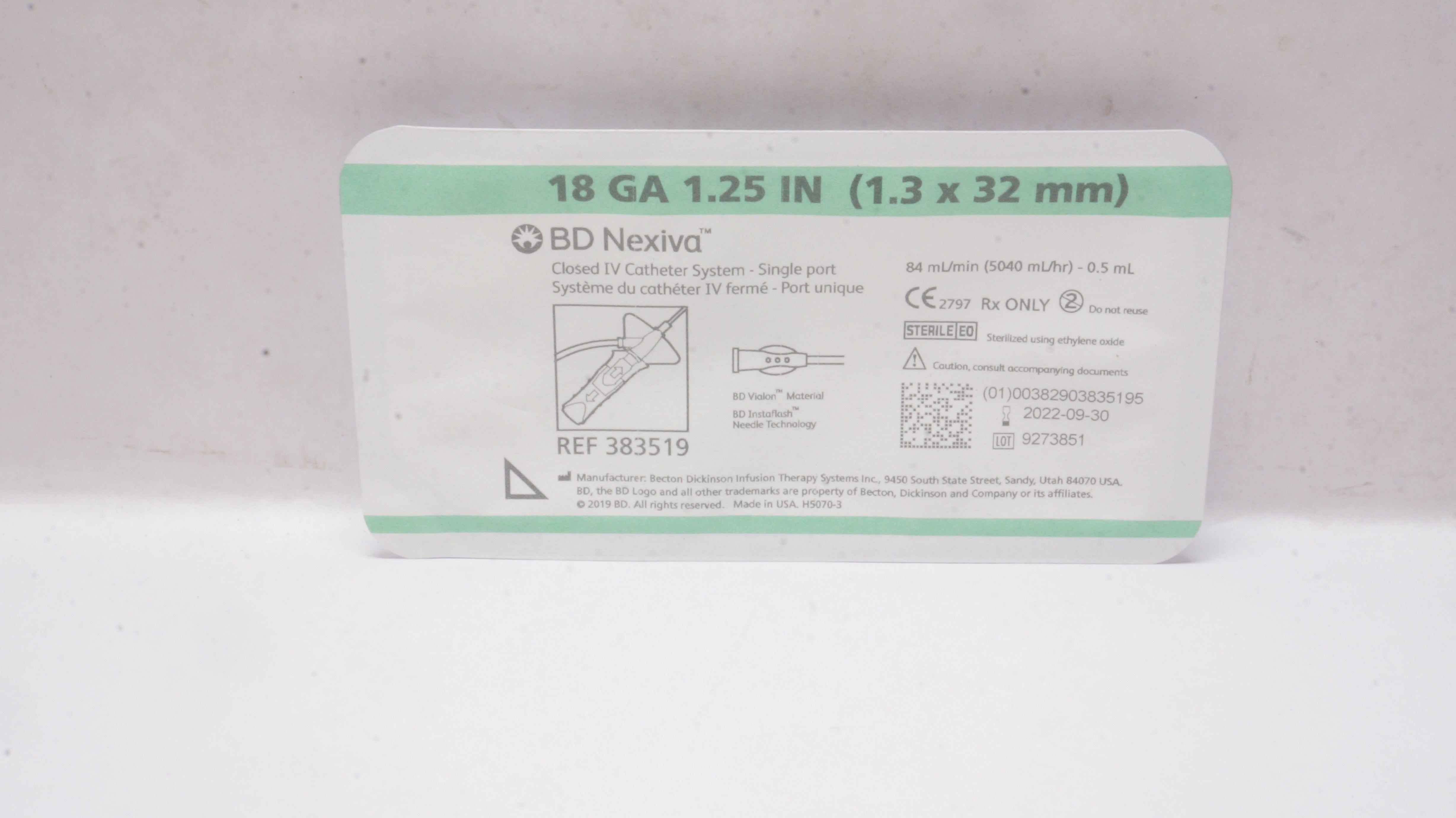 BD 383519 Nexiva Closed IV Cath. System - Single Port 18Ga x 1.25inch 0.5mL (x)